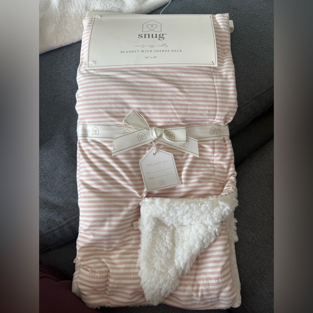 Snug Pink Striped Blanket with Sherpa Back - NWT